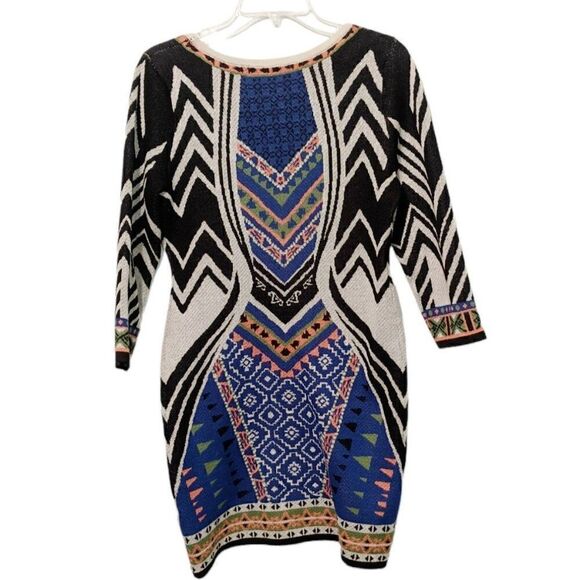 Flying Tomato Women's Three-Quarter Sleeve Geometric Printed Knit Dress Sz M - Picture 3 of 14